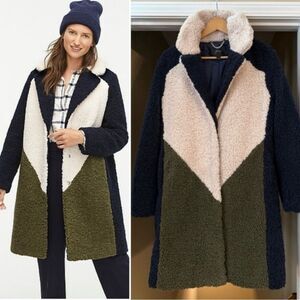 J Crew Cream Olive Navy Teddy 3/4 Coat